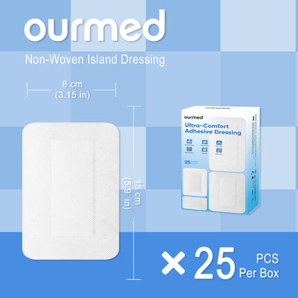 Ourmed Sterile Wound Plasters 8 x 15 cm, Self-adhesive sterile wound dressing with strong adhesion, protects against cuts and scratches, painless removal, individually wrapped, pack of 25