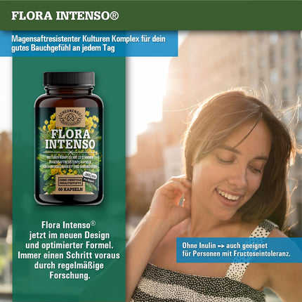 FLORA INTENSO® Probiotic Complex 100 billion CFU/g - Laboratory-tested 23 bacterial strains without inulin - Enteric-coated intestinal bacteria with Lactobacillus + Bifidobacteria - DE- SCHEUNENGUT®