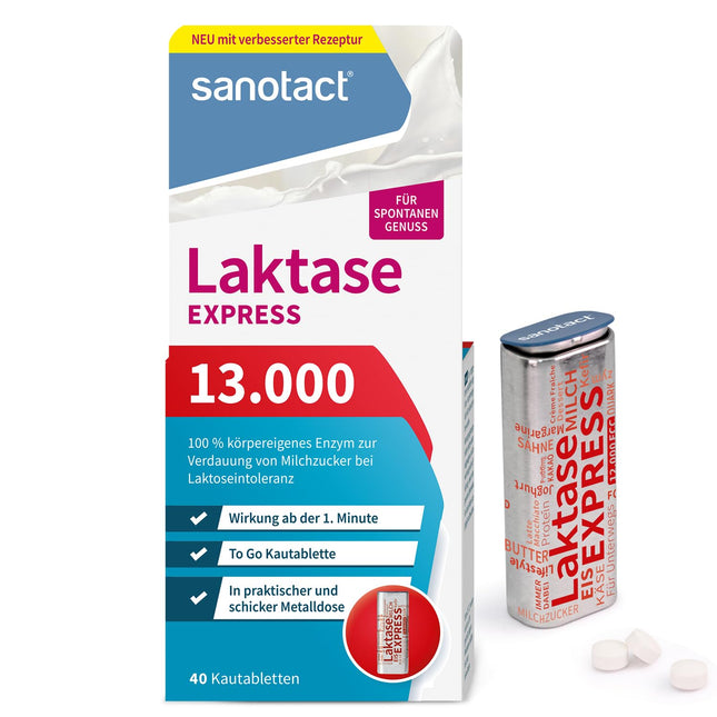 sanotact Lactase 13,000 EXPRESS (40 lactase tablets) • Lactose tablets with immediate effect • For lactose intolerance &amp; milk intolerance • For spontaneous consumption of dairy products
