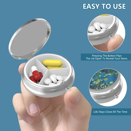 Pill Box 3 Compartments Medicine Pill Box, Portable Pill Box for Pocket or Purse Pill Box Decorative Metal Medicine Vitamin Organizer Unique Gift (Van Gogh Starry Night)
