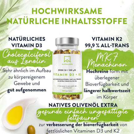 Vitamin D3 K2 high dose with virgin olive oil - Vitamin D high dose 2000 IU + Vitamin K2 MK7 100μg - Sunshine vitamins Vitamin D K2 GMO-, gluten- and lactose-free 180 Vitamin D3 K2 capsules high dose