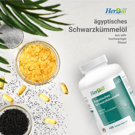 HerbBio Egyptian Black Seed Oil Capsules 500mg 420 Softgel Capsules - of which 57% linoleic acid - Premium cold-pressed - 100% bovine gelatin Halal Certified - laboratory tested - Black seed oil capsules