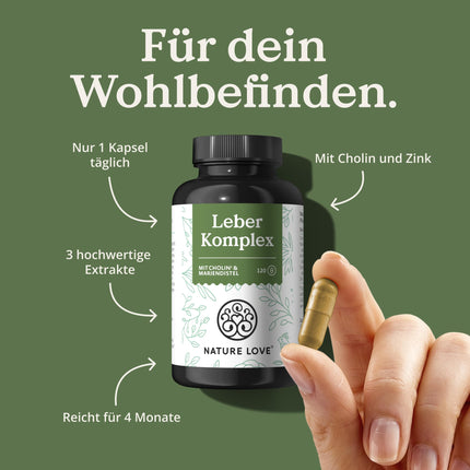 NATURE LOVE® Liver Complex - 120 Capsules - with milk thistle, choline, artichoke extract, turmeric &amp; zinc - High dosage, vegan, laboratory-tested and produced in Germany