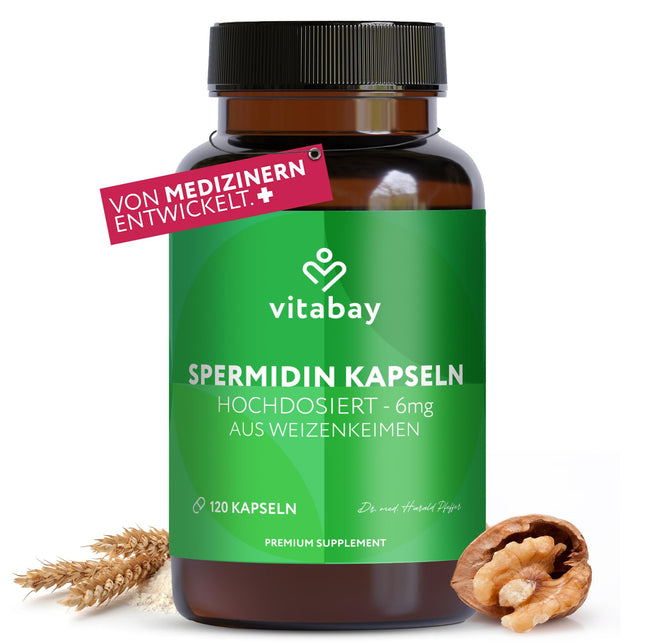 Vitabay Spermidine Capsules High Dose 6mg - 120 Vegan Capsules Spermidine from Wheat Germ - Pure Wheat Germ Spermidine - Laboratory Tested &amp; Without Undesirable Additives