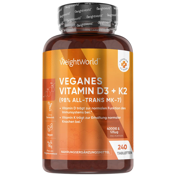 Vitamin D3 + K2 Vegan - 4000 IU per serving - 240 tablets with 125μg vitamin K2 menaquinone - 1 tablet/4 days - 98% all-trans K2 MK7 - Free from magnesium stearate - Sunshine vitamin from WeightWorld