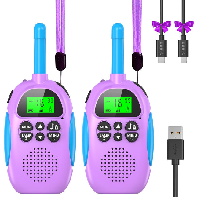 Ushining Walkie Talkie for Kids, Rechargeable Walkie Talkie with 16 Channels VOX Radio, Backlit LCD Flashlight, 3 KM Range for Outdoor Adventures, Camping, Hiking, Purple