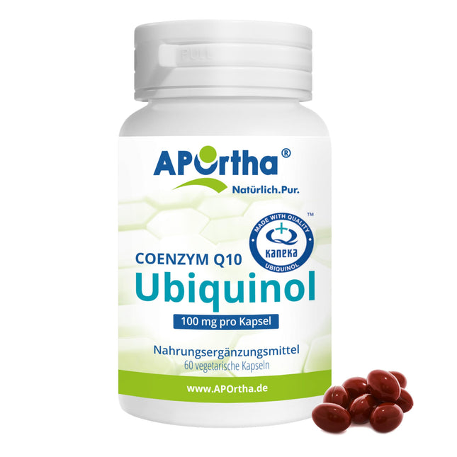 APOrtha Kaneka Ubiquinol Coenzyme Q10 100 mg 60 vegetarian capsules, CoQ10 capsules high dose 100 mg, high bioavailability due to bioactive ubiquinol, double patented raw material