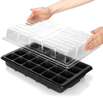 com-four® 8-piece cultivation set, set with water trays, greenhouse lid, and pot plates with 96 cells for growing plants indoors (8-piece - cultivation set 38x25cm)