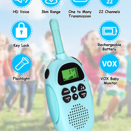 2 Pack Walkie Talkies for Kids, Rechargeable Walkie Talkies, 22-Channel Children's Radio Toys for Boys and Girls, Outdoor Adventures, Camping, Hiking - Pink and Blue