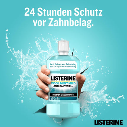 LISTERINE Cool Mint Mild (500 ml), antibacterial mouthwash with essential oils &amp; alcohol-free, mild dental care mouthwash, reduces plaque, effectively combats bad breath