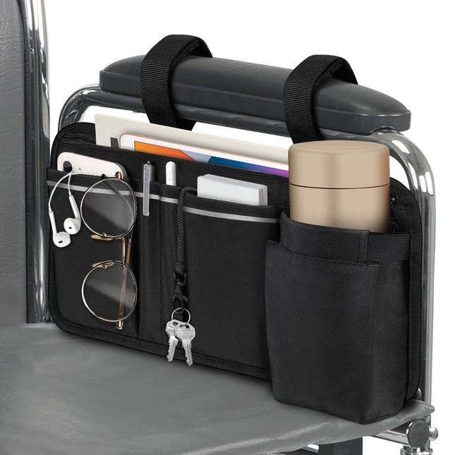 FINPAC Wheelchair Bag for Armrest - Wheelchair Bag with Bottle Holder and Reflective Stripes Wheelchair Bag for Walkers, Mobility Scooters, Rollators, (Black)