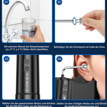 KIMTAR Earwax Remover, Ear Cleaner Electric Ear Irrigator with 4 Pressure Modes IPX7 Waterproof Rechargeable, 10 Nozzles Ear Cleaning for Adults Children at Home Black