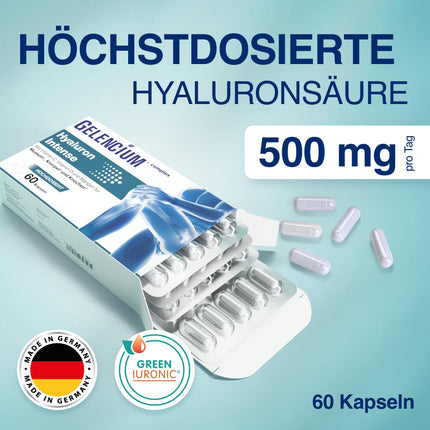 GELENCIUM® Hyaluron Intense | High daily hyaluronic acid dose: 500 mg | High molecular weight: 2000-4000 kDa | High bioavailability | With micronutrients for healthy joints | Vegan | Pharmacy quality | 60 capsules