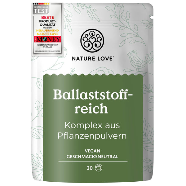 NATURE LOVE® High-Fiber Powder - 450 grams - Fiber: Psyllium husks, acacia fiber, inulin, oats &amp; more - ideal supplement for intestinal cleansing - vegan and laboratory-tested