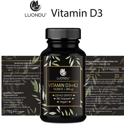 Luondu Vitamin D3 10,000 IU + Vitamin K2 MK7 200 mcg Depot (High Dose &amp; Vegan) Vitamin D3 K2 Capsules High Dose (180 Capsules)