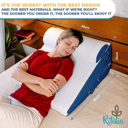 Ritalia® Wedge Pillow 3 Heights 60x60x30 cm | Back Cushion Bed and Vein Pillow | Ergonomic Seat Cushion Bed with Back Support, Ideal as a Wedge Pillow for Sleeping and Raising the Mattress