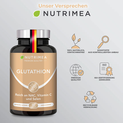 L-GLUTATHIONE reduced to 98% | Optimal formula with precursors + vitamin C | Tripeptide: Glutamic acid, cysteine, glycine | 90 capsules, vegan, high dosage