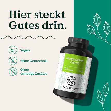 NATURE LOVE® Magnesium Citrate – 2,320 mg Magnesium Citrate (of which 360 mg elemental magnesium) – 180 Capsules – high dosage, laboratory-tested, no additives, vegan &amp; developed in Germany