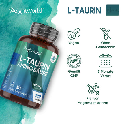 L-Taurine Capsules - 1000mg per day - 180 vegan amino acid capsules - 2 L-Taurine Amino Acid Capsules - 3-month supply - Alternative to powder or tablets - WeightWorld