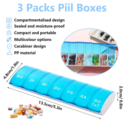 Pill box 7 days, reusable pill box small pill box large compartments handy and moisture-resistant medication dispenser for morning evening 7 compartments, 3 pieces storage box