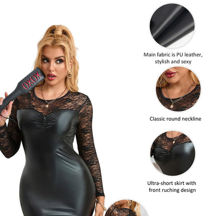 sunshinelady leather dress women's faux leather lace for curvy women sexy dress women's lingerie curvy mini dress with zipper clubwear party dress plus sizes black L
