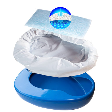 Heavy-duty bedpan set with 25 super absorbent pads and liners - For hospital or home use of elderly and bedridden patients - Pads absorb up to 1000ml
