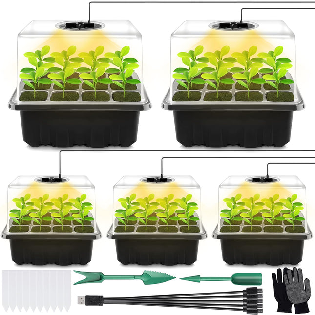 ZLPBAO Mini Greenhouse Propagation, 5 Pack Indoor Greenhouse Propagation Box with Light, Greenhouse Propagation Tray with High Lid, Full Spectrum Grow Lights, 10 Labels, 2 Tools, 1 Pair of Gloves