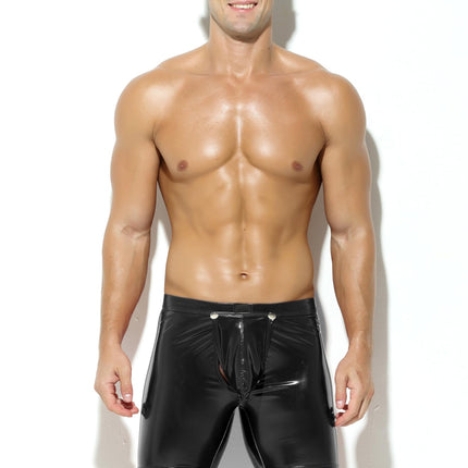 Bodywear4you Men's Leather Boxer Shorts with Shiny Patent Leather Look, Wetlook Sexy Underwear, Clubwear Jockstraps with Open Crotch Ouvert Shorts Long Pants (Black, XXL)
