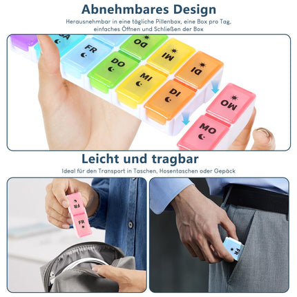 JANUIXCO Pill Box 7 Days Morning Evening - Pill Box 7 Days 2 Compartments Removable, BPA Free - Medicine Box 14 Compartments Easy to Open, for On the Go