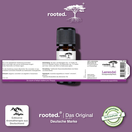 rooted.® ORGANIC Lavender Oil 10ml [100% PURE] - True Lavender - Lavandula angustifolia - Essential Oil for Aromatherapy, Fragrance Lamps, Diffusers, Room Fragrance, Scented Candles, and Soaps