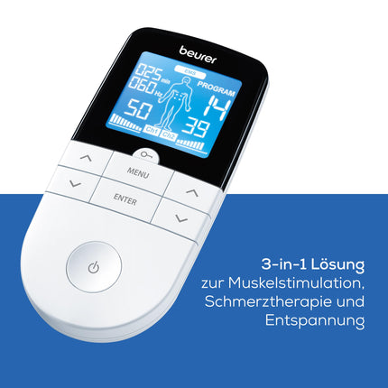 Beurer EM 49 Digital TENS/EMS, 3-in-1 electrical stimulation device for pain relief through electrical nerve stimulation, training through electrical muscle stimulation, massage function, including 4 electrodes