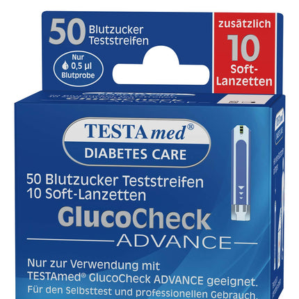TESTAmed GlucoCheck Advance blood glucose test strips plus soft lancets, 50 blood glucose test strips + 10 soft lancets