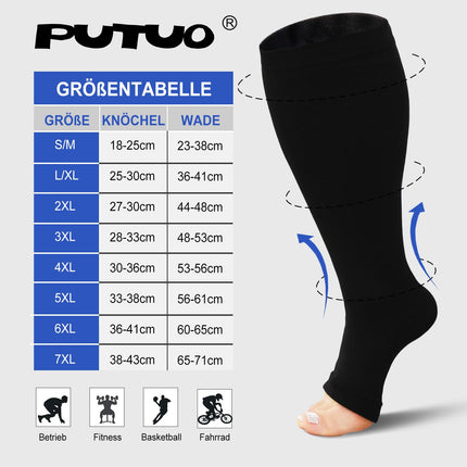 PUTUO Compression Stockings Thick Calves Men: Thrombosis Stockings Women Plus Size Support Stockings Men Women Compression Socks Open Toe for Flight Medical Running Travel Black 4XL 1 Pair