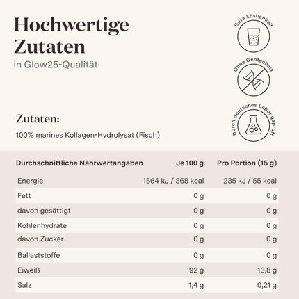 Glow25® Marine Collagen Powder [300g] - Fish Collagen Hydrolysate - Peptides Type 1 and 3 - Good Solubility - Neutral