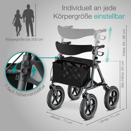 maxVitalis Rollator foldable and lightweight with seat, outdoor rollator with pneumatic tires including seat, back strap, height-adjustable aluminum walking aid including bag and cane holder, anthracite