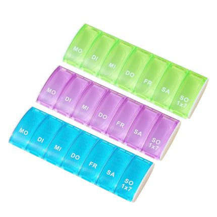 Pill box 7 days, reusable pill box small pill box large compartments handy and moisture-resistant medication dispenser for morning evening 7 compartments, 3 pieces storage box