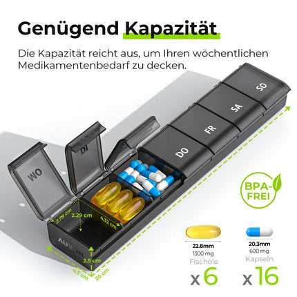 AUVON 7-day pill box, pill organizer with improved open design, medicine box German, BPA-free portable pill box for medications, vitamins, fish oil, dietary supplements, etc.