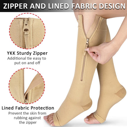 Ailaka Compression Stockings with Zipper, 15-20 mmHg Class 1 Compression Stockings for Women and Men, Open Toe Support Stockings for Varicose Veins, Edema, Recovery, Pregnancy