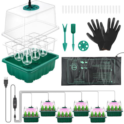 Towwoo Indoor Greenhouse Propagator, 6 Pieces 72 Cells Mini Greenhouse Propagation Set with 8LED Plant Lamp and Seedling Heat Mat and Gloves, Trays Greenhouse Propagation Tray for Plant