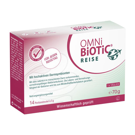 OMNi BiOTiC Travel | 14 servings (70g) | 10 bacterial strains | 5 billion germs per daily dose | Powder | Vegan | Gluten-free | Lactose-free | For daily use