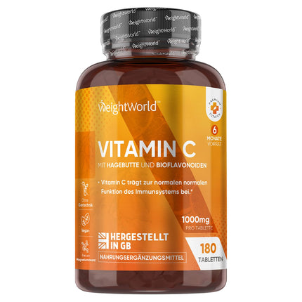 Vitamin C 1000mg per tablet - 180 vegan tablets for 6 months - Vit C as L-ascorbic acid with bioflavonoids &amp; rosehip - WeightWorld
