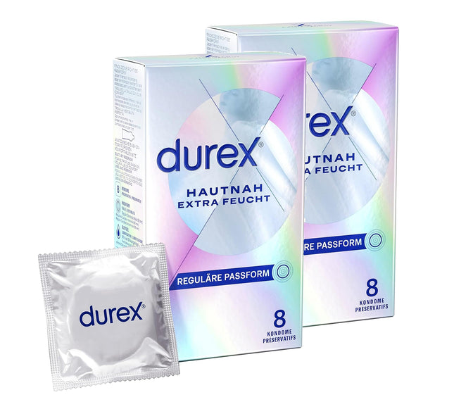 Durex Hautnah Extra Moist Condoms – Ultra thin, with an anatomical easy-on shape &amp; moistened with plenty of silicone lubricant – 16-pack (2 x 8 condoms)