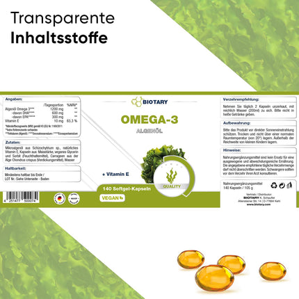 Omega 3 Vegan from Algae Oil 140 Softgel Capsules | 600 DHA &amp; 300 EPA + Vitamin E per daily dose | Approx. 3-month supply, including pill box | Laboratory-tested | High bioavailability