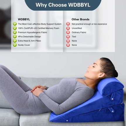 WDBBYL Bed Wedge Pillow Set, 4-Piece Sleeping Elevator Support for Post Surgery Recovery, Acid Reflux, GERD, Snoring, Washable Velvet Cover, Blue