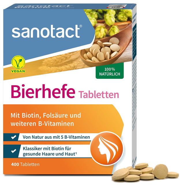 sanotact Brewer's Yeast Tablets (400 Tablets) • 100% natural brewer's yeast, vegan • With biotin for beautiful hair &amp; healthy skin • 6 B vitamins • Also suitable for dogs • Yeast tablets