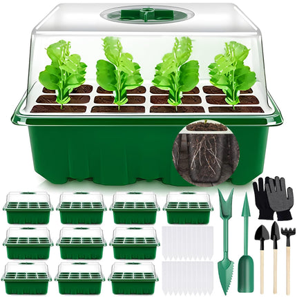 MOYKSRR Indoor Greenhouse Propagator, 10 Pieces 120 Cells Mini Greenhouse Propagation Set with 2 Garden Tools, 3 Shovels, 20 Labels, Propagation Tray with Lid and Ventilation, Balcony Seedling Plant