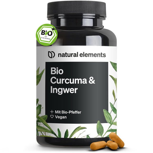 natural elements Organic Turmeric &amp; Ginger – 180 Capsules – Organic Turmeric, Organic Ginger &amp; Organic Pepper – with Curcumin &amp; Piperine – High Dosage – Produced in Germany &amp; Laboratory Tested Vegan