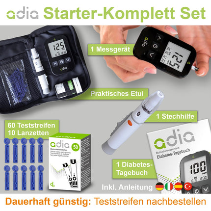 adia blood glucose meter (mg) with 60 blood glucose test strips, 10 lancets, 1 lancing device, 1 case, value set for blood glucose self-monitoring in diabetes