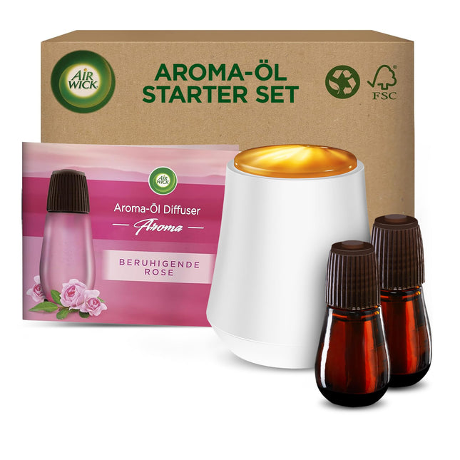 Air Wick Aroma Oil Bottle Starter Set - Diffuser with 2 Refills - Aromatherapy - Scent: Soothing Rose - Floral Room Fragrance with Essential Oils - 2 x 20 ml Oil + Device in White
