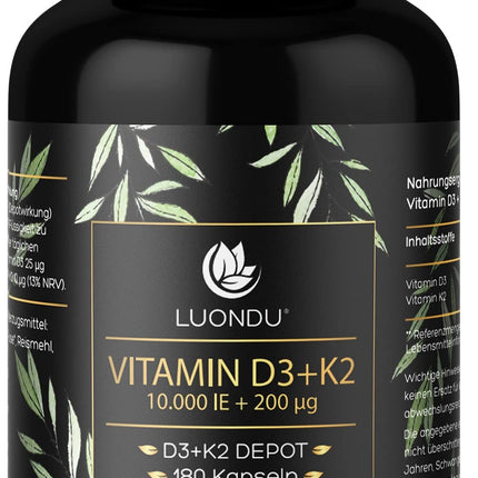 Luondu Vitamin D3 10,000 IU + Vitamin K2 MK7 200 mcg Depot (High Dose &amp; Vegan) Vitamin D3 K2 Capsules High Dose (180 Capsules)